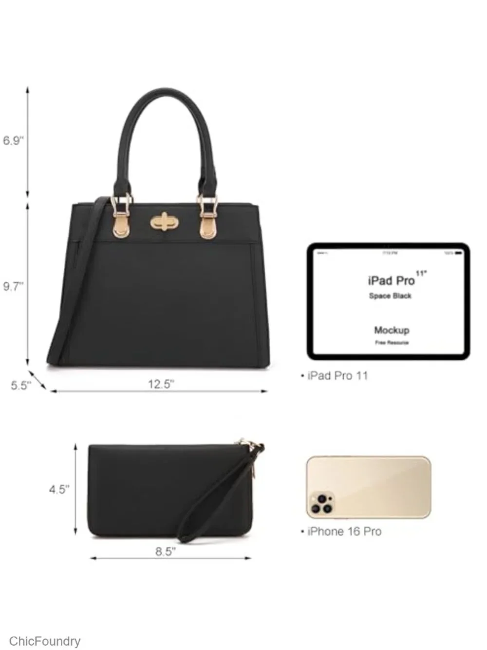 Vegan Leather Satchel Handbag & Wallet Set with Adjustable Strap